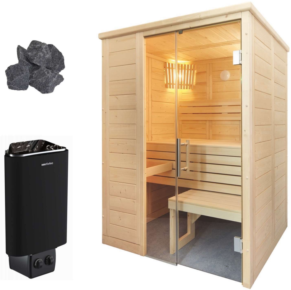 Sentiotec Alaska Mini Sauna Kompettset Massivsauna Saunakabine 160x110x204cm mit Saunaofen Bild 1