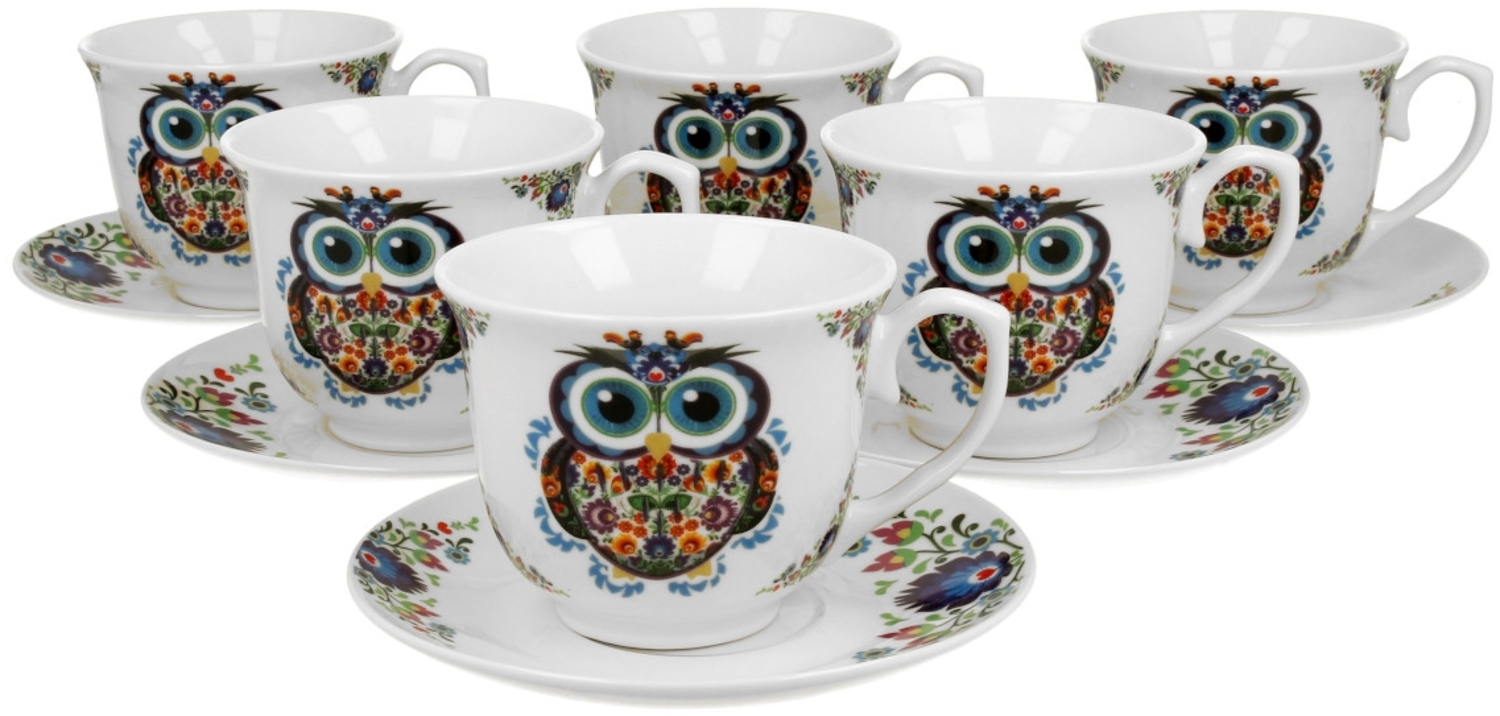 DUO ETNO 6er-Set Tassen 250 ml OWL mit Untertassen, New Bone China Porzellan Bild 1