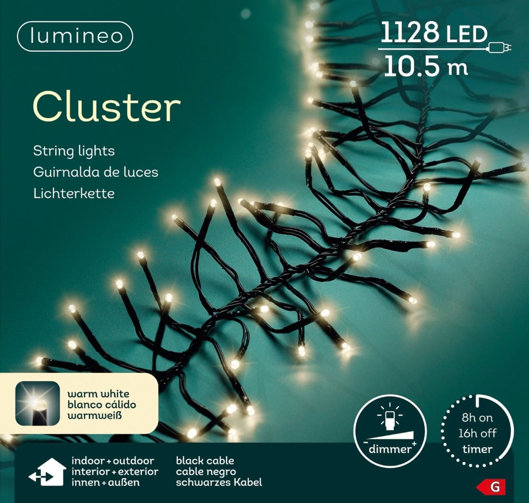 Lumineo LED-Lichterkette Lumineo Lichterkette Cluster 1128 LED 10,5m warm weiß, schwarzes Kabel, Dimmbar, Timer, Indoor, Outdoor Bild 1