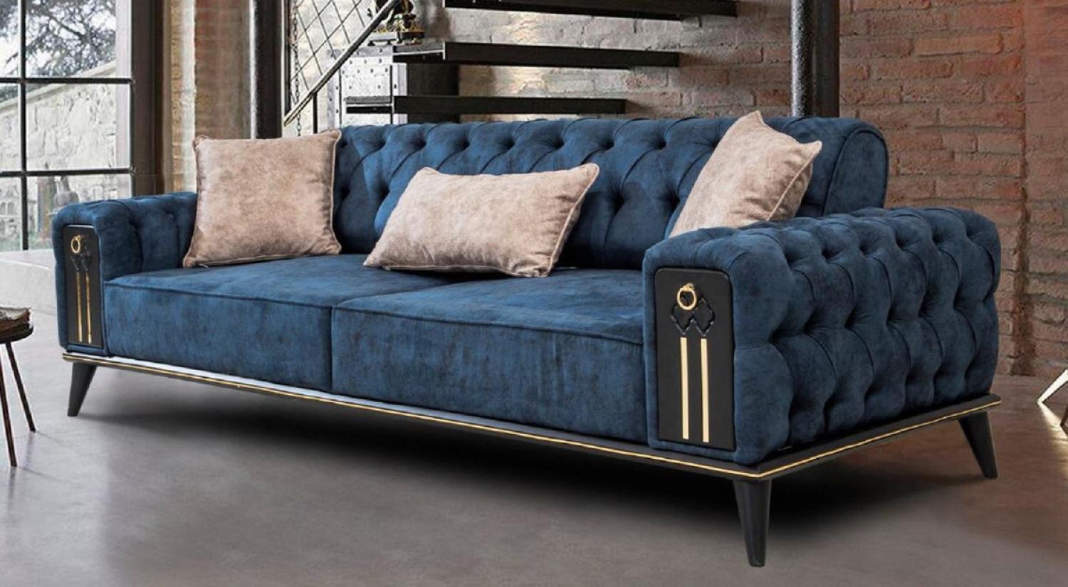 Casa Padrino Luxus Chesterfield Schlafsofa Blau / Schwarz / Gold 220 x 90 x H. 80 cm - Modernes Wohnzimmer Sofa - Chesterfield Wohnzimmer Möbel Bild 1