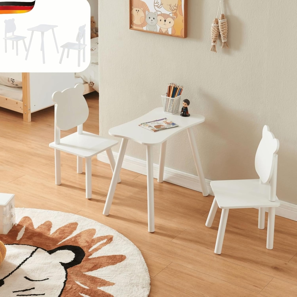 DELUKE® Kindersitzgruppe mit 2 Stühlen TEDDO - 3 teilig Kindertisch Set Kindersitzgruppe aus Holz weiß Teddybär-Design Maltisch Basteltisch Kinder Spieltisch ab 1 Jahr Kinderstuhl Set Bild 1