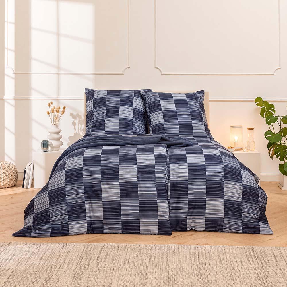 Estella Mako-Satin Bettwäsche 155x220 Delian navy Karo blau silber 7948-655 #1 Bild 1