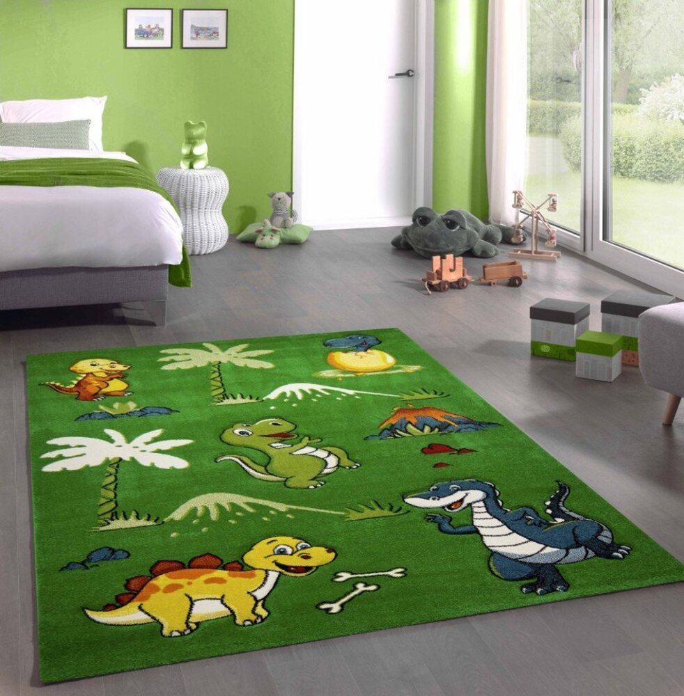 Carpetia Kinderteppich Kinderteppich Dinosaurier Kinderzimmerteppich Dinos grün, rund, Höhe: 13 mm Bild 1