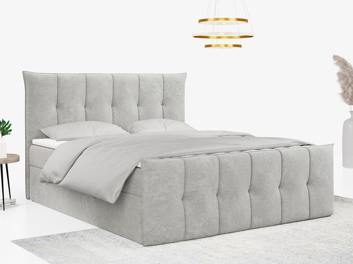 Boxspringbett, mit Fußteil, 2 Bettkästen - PREMIUM-11 - 140x200cm - Hellgrau Stoff - H4 Bild 1