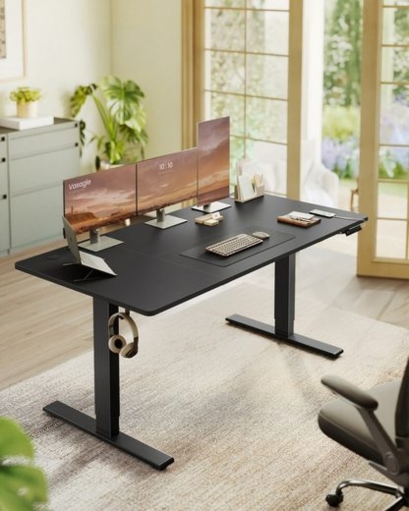 VASAGLE Höhenverstellbarer Schreibtisch, 160 x 80 cm, USB-C-Anschluss, Ablage für Steckdosenleiste, Stehtisch, Erinnerung bei langem Sitzen, 3 Speichertasten, für Büro, tintenschwarz Bild 1
