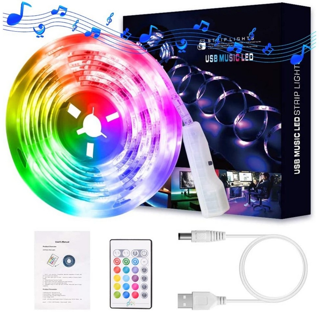 Rosnek LED-Streifen 2/3/5M, RGB, Musik Sprachsteuerung, USB, für Schlafzimmer Deko, mit IR-Fernbedienung Bild 1