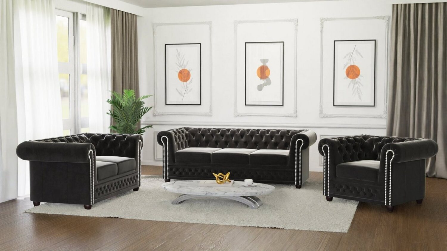 S-Style Möbel Polstergarnitur Chesterfield Lena mit Schlaffunktion 3+2+1 aus Samt-Stoff, Holzfüßen, (3-Sitzer-Sofa mit Schlaffunktion, 2-Sitzer-Sofa, Sessel), mit Wellenfederung Bild 1