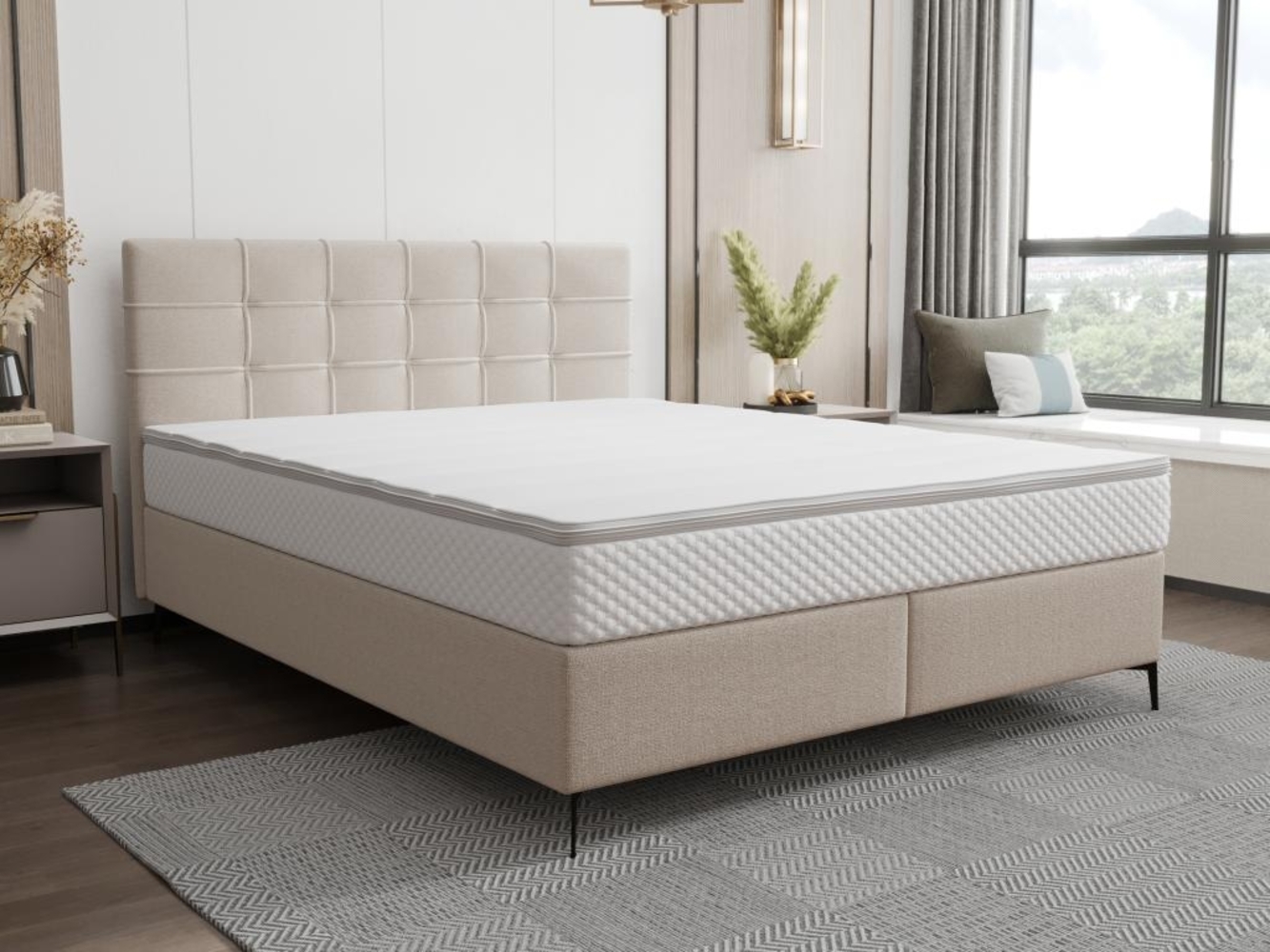 Vente-unique - Boxspringbett komplett mit Bett-Kopfteil gesteppt + Lattenrost + Matratze + Topper - 160 x 200 cm - Stoff - Beige - INAO von YSMÉE Bild 1