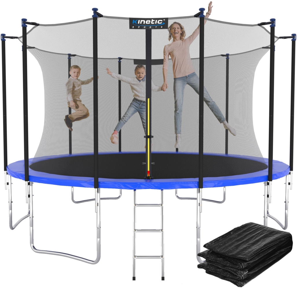 KINETIC SPORTS Trampolin Outdoor 'Salto Plus' - Komplett-Set für Kinder, USA Sprungtuch, Netz, Randpolster, Leiter - bis zu 160kg, Blau-2, Ø 366 cm Bild 1