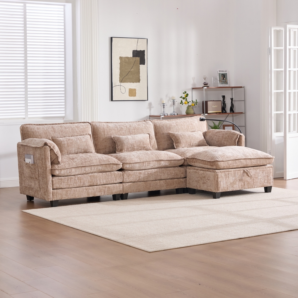 LVHOM 3-Sitzer Sofa mit Hocker, L-Form Ecksofa mit Stauraum, Modulares Sofa mit USB-C-Anschluss, Handyhalter und Seitentaschen, weiche Chenille-Stoff, Couchgarnitur, Khaki Bild 1