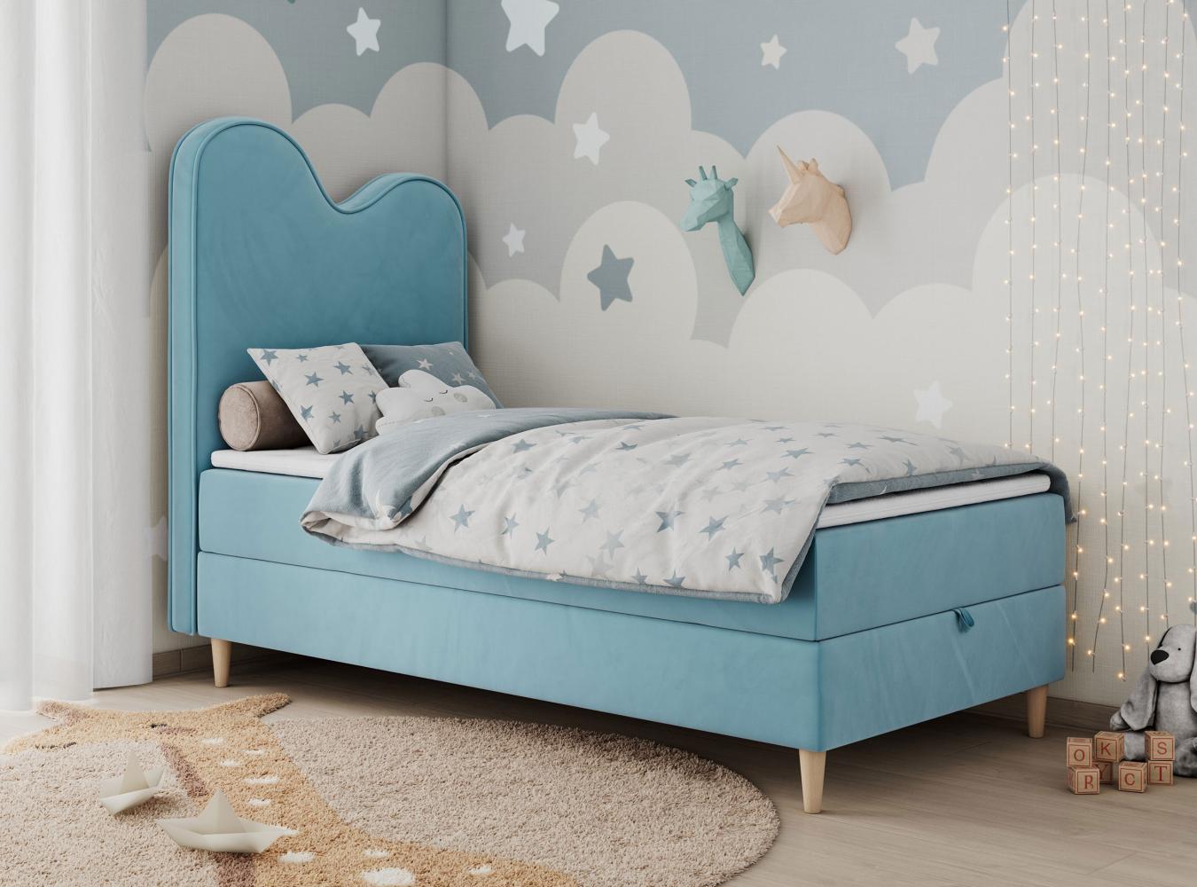 Kinderbett FLOW, Boxspringbett für Kinder, mit hohem Kopfteil, Einzelbett mit Matratze - 90x160 - Blau Velours - Topper T25 Bild 1