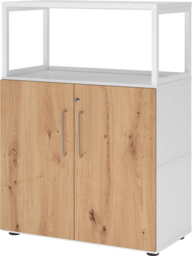 bümö flexi Aktenschrank abschließbar mit Flügeltüren & 1 Regalfach offen in Weiß/Asteiche, Büroschrank mit werkzeuglosem Schnellmontage-Klicksysten in modularer Bauweise, FW38T2RG-W-R-BS Bild 1