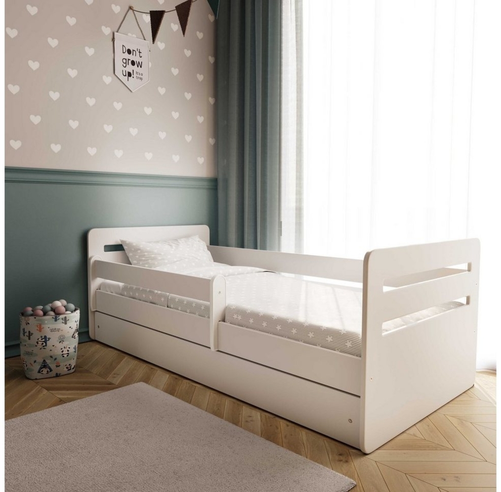 Bjird Kinderbett Tomi 140x80 160x80 180x80 (Mit 8 cm Matratze), mit Rausfallschutz Schubalde und Lattenrost für Mädchen und Junge Bild 1