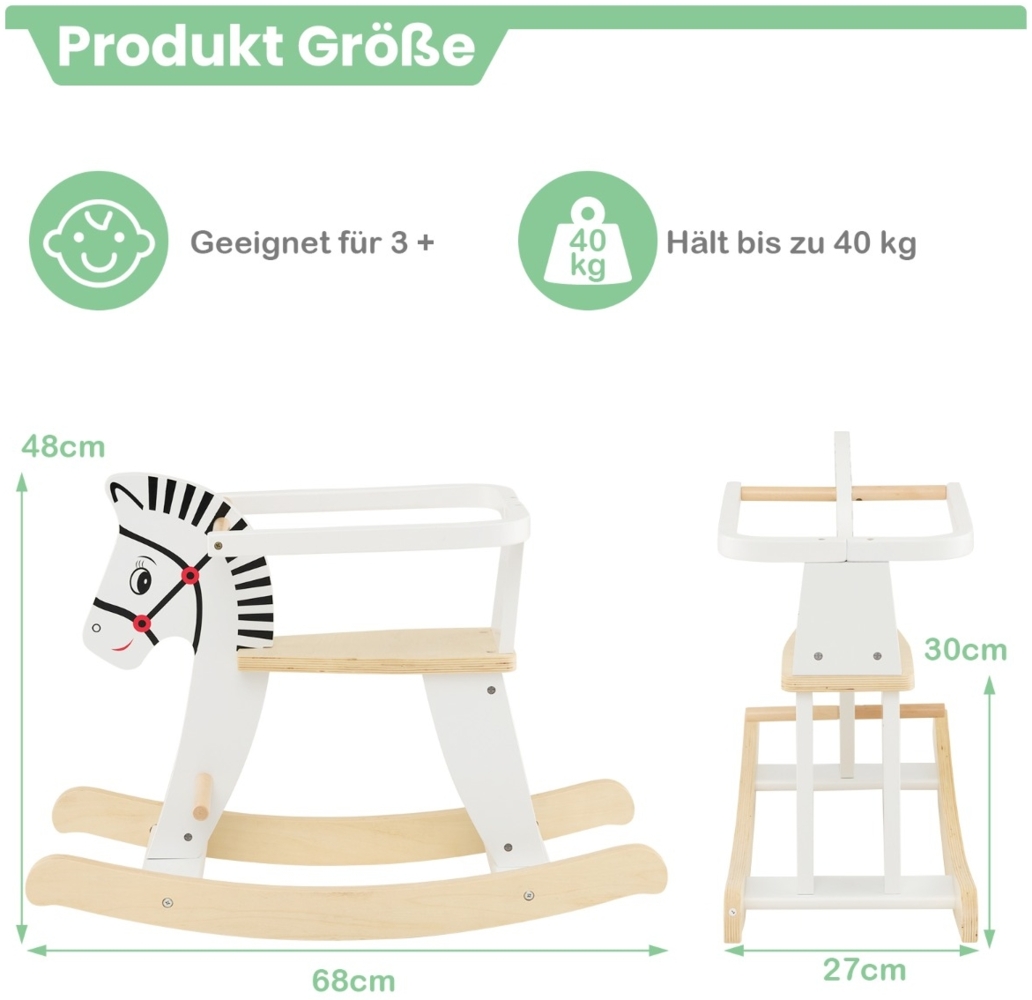 2 in 1 Zebra Schaukelpferd aus Holz mit abnehmbaren Zäunen & Rückenlehne Weiß Bild 1