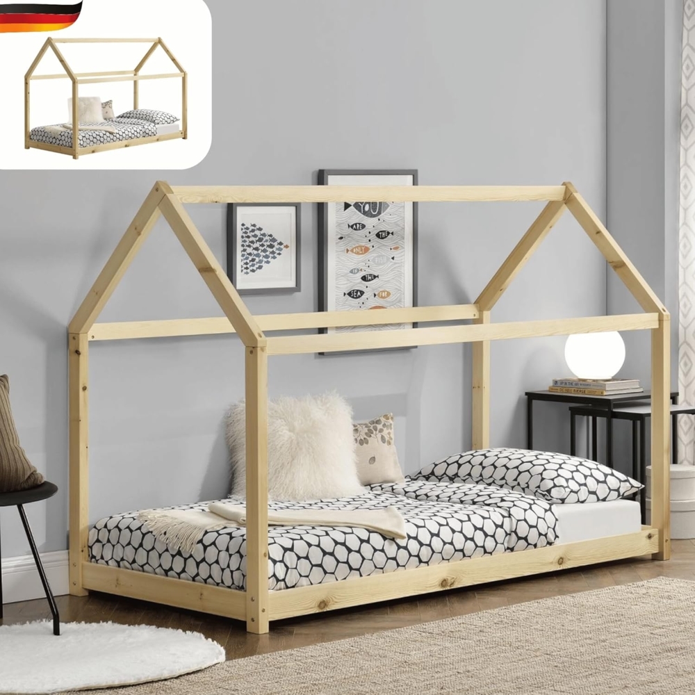 DELUKE® Kinderbett 90x200 FIDA - mit Lattenrost Kiefernholz Haus-Optik Einzelbett aus Holz Hausbett Kinderzimmer Bodenbett Montessori Bett Braun Bild 1