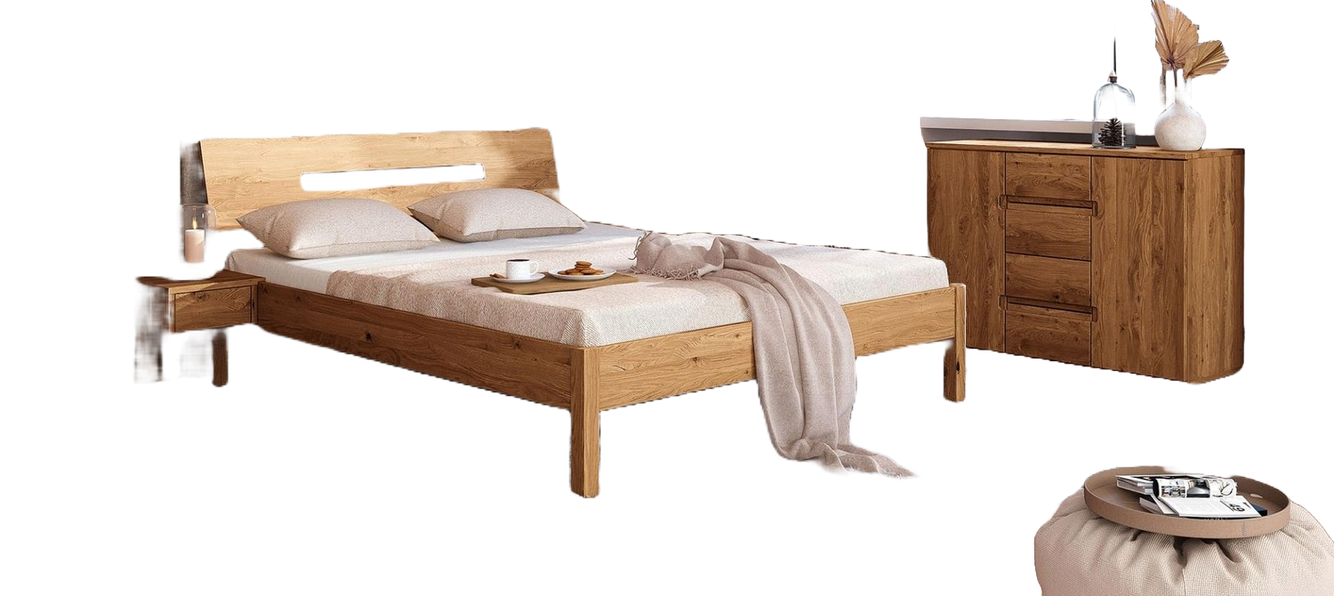 Bett Bento 7 aus Wildeiche massiv 160x200 cm mit Holzkopfteil und Holzbeinen Bild 1