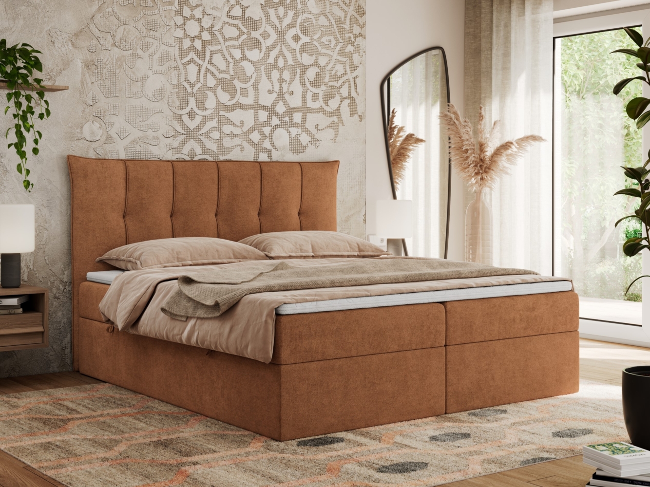 Boxspringbett, Polsterbett mit Bettkasten - PREMIUM-10 - 140x200cm - Orange Stoff - H3 Bild 1