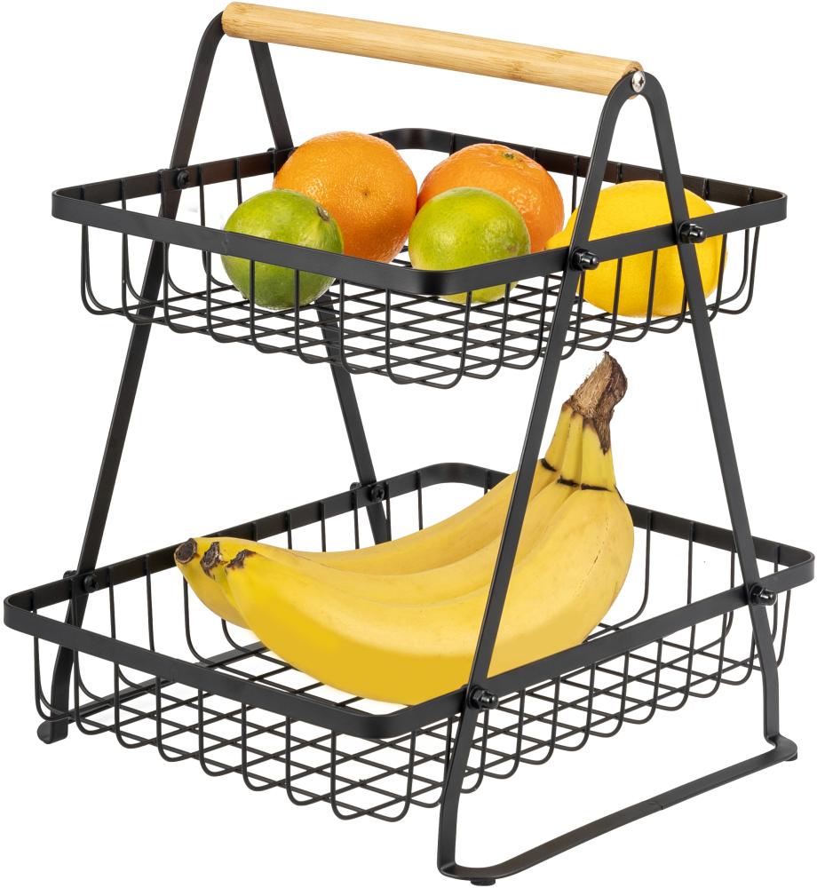 eluno 2-stöckige Etagere, Obstschale, Obstkorb aus Bambus und schwarzem Metall Bild 1