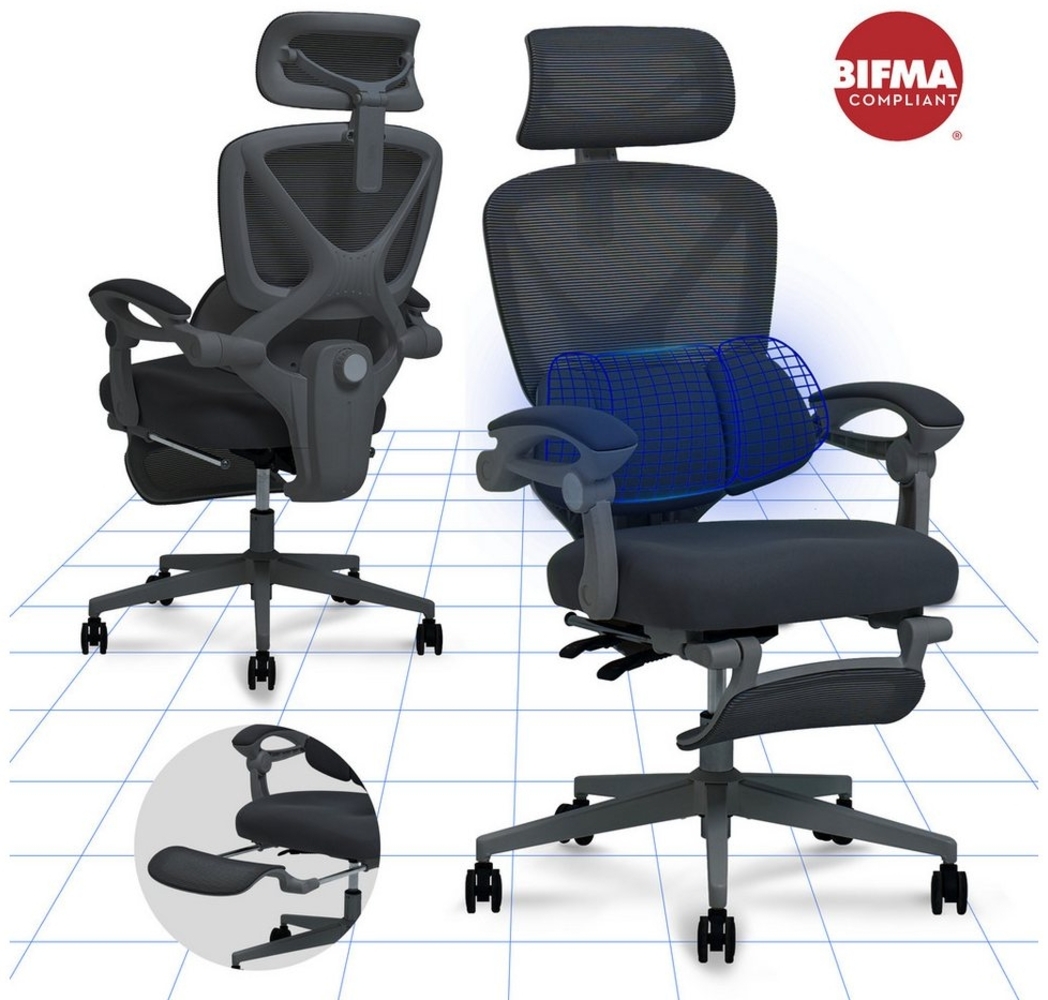 FLEXISPOT Drehstuhl Ergonomischer Bürostuhl mit X-Design (135° neigbare Rückenlehne & 3D-Kopfstütze & zonenverstellbare Lendenunterstützung), Synchron-Armlehnen, Ausziehbare Fußstütze, Drehstuhl für Homeoffice Bild 1