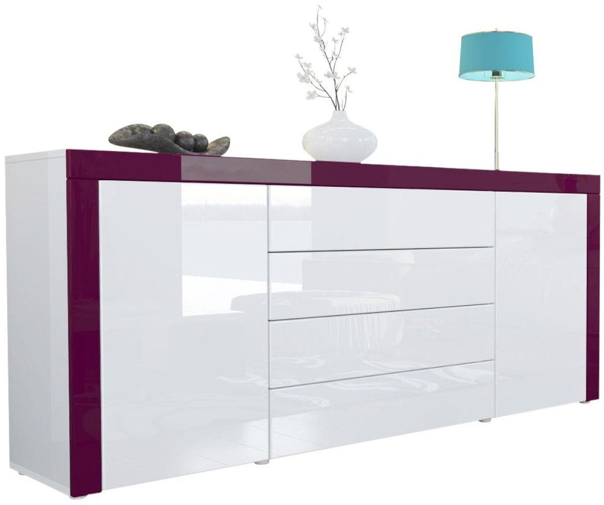 Sideboard Kommode La Paz, Korpus in Weiß Hochglanz / Front in Weiß Hochglanz mit Rahmen in Brombeer Hochglanz Bild 1