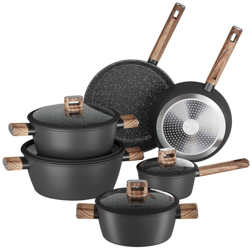 HOMELUX Topf-Set Schwarz Kochgeschirr-Set, 10tlg Induktions Kochtopfset mit Deckel, Aluminium (10-tlg, Kochtopf 20/24/28 + Stieltopf 16 + Pfanne 24/28), induktionsgeeignet Bild 1