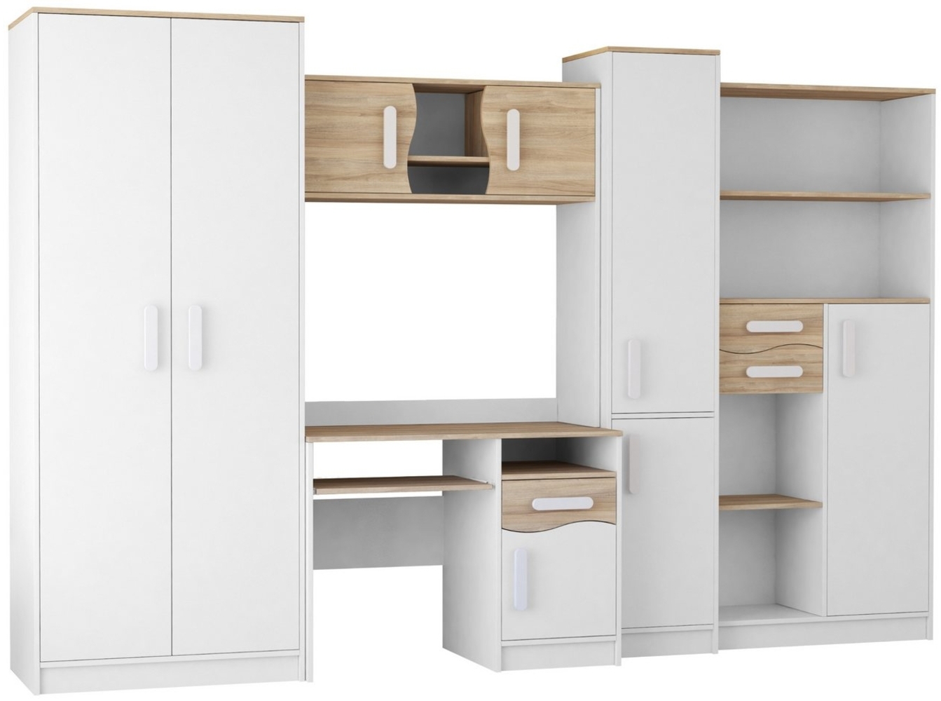 Deine Möbel 24 Jugendzimmer-Set MIKI Jugend-Schrankwand Jugendzimmer Jugendmöbel 5-teilig in Weiß, (Jugendzimmer-Set bestehend aus Schreibtisch, Aufsatz, Kleiderschrank und 2 Regalen, 5-tlg, 5-teiliges Möbelset für das Jugendzimmer), Schreibtisch, Schr... Bild 1