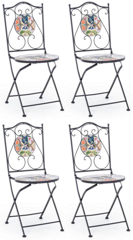 Casa Padrino Jugendstil Gartenstuhl 4er Set Schwarz / Mehrfarbig 39x47 x H. 92 cm - Klappbare Stühle mit edlen Keramik Platten - Nostalgische Garten & Gastronomie Möbel Bild 1