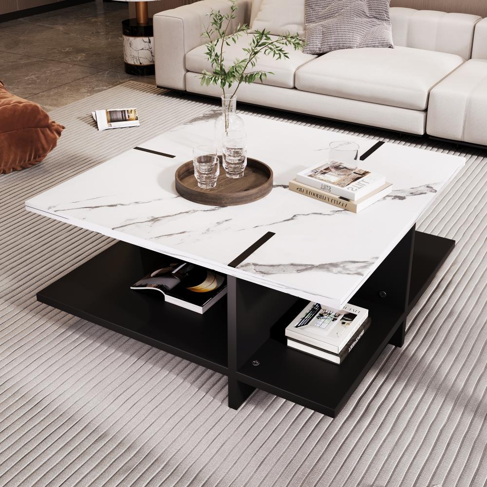 Merax Quadratischer Couchtisch, modernes und minimalistisches Schwarz-Weiß-Design, weiße Marmoroptik Bild 1