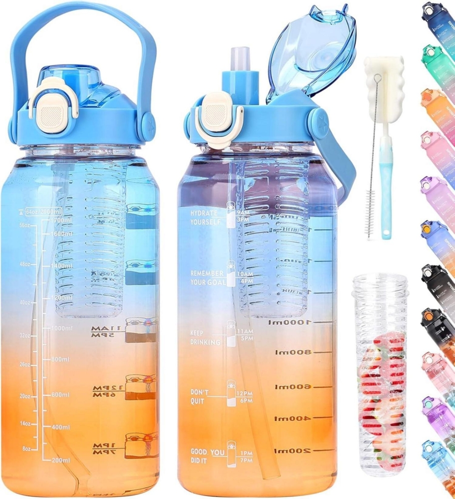 AOPREL Trinkflasche 2l mit Strohhalm Früchtebehälter BPA frei Transparent Blau Bild 1