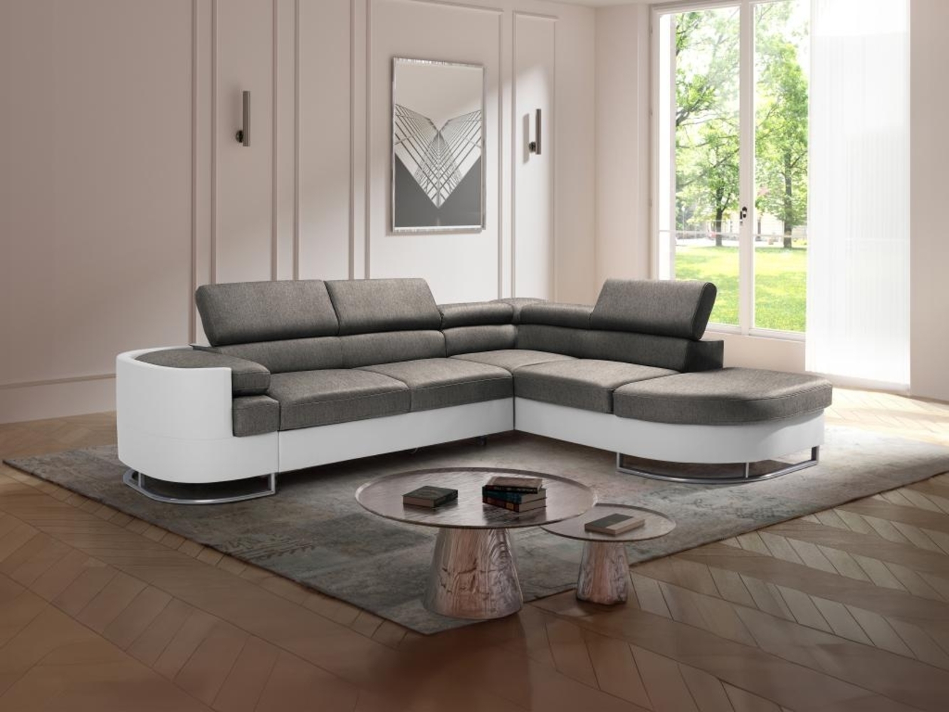 Vente-unique - Ecksofa mit Schlaffunktion - Ecke rechts - Kunstleder - Weiß & Grau - MYSEN II Bild 1