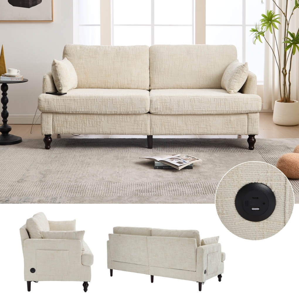 LVHOM 2-Sitzer Sofa mit USB&LED, Zweier Polstersofa Chenille Bezug, Loveseat 175x83 cm mit Zierkissen, Mid-Century Stil, Beige Bild 1