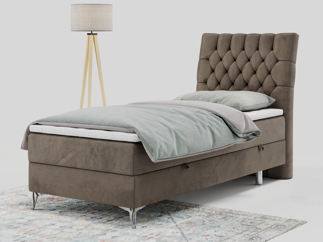 Boxspringbett MILEN, Einzelbett 90x200, Polsterbett mit Multipocket-Matratze und Topper - Braun velours - rechts - H4 Bild 1