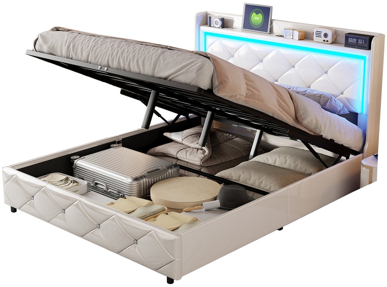FUROKOY Polsterbett Stauraumbett Doppelbett Luftdruck-Hubstange mit LED-Beleuchtung, 160x200 cm,Gepolstert,mit USB+Type C,mit Stauraum,Kunstleder,Beige Bild 1