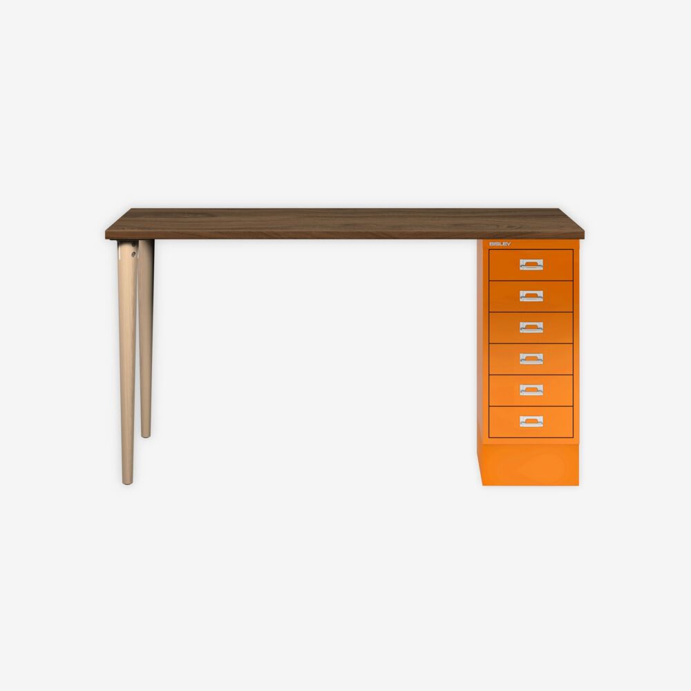 MultiDesk, 2 Eichenfüße, 1 MultiDrawer mit 6 Schüben, Dekor Nussbaum, Farbe Orange, Maße: H 740 x B 1400 x T 600 mm Bild 1