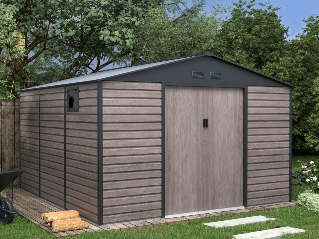 Vente-unique - Gartenhaus Gerätehaus - 13,12 m² - Stahl - Holz-Optik - Grau - ADELMO Bild 1