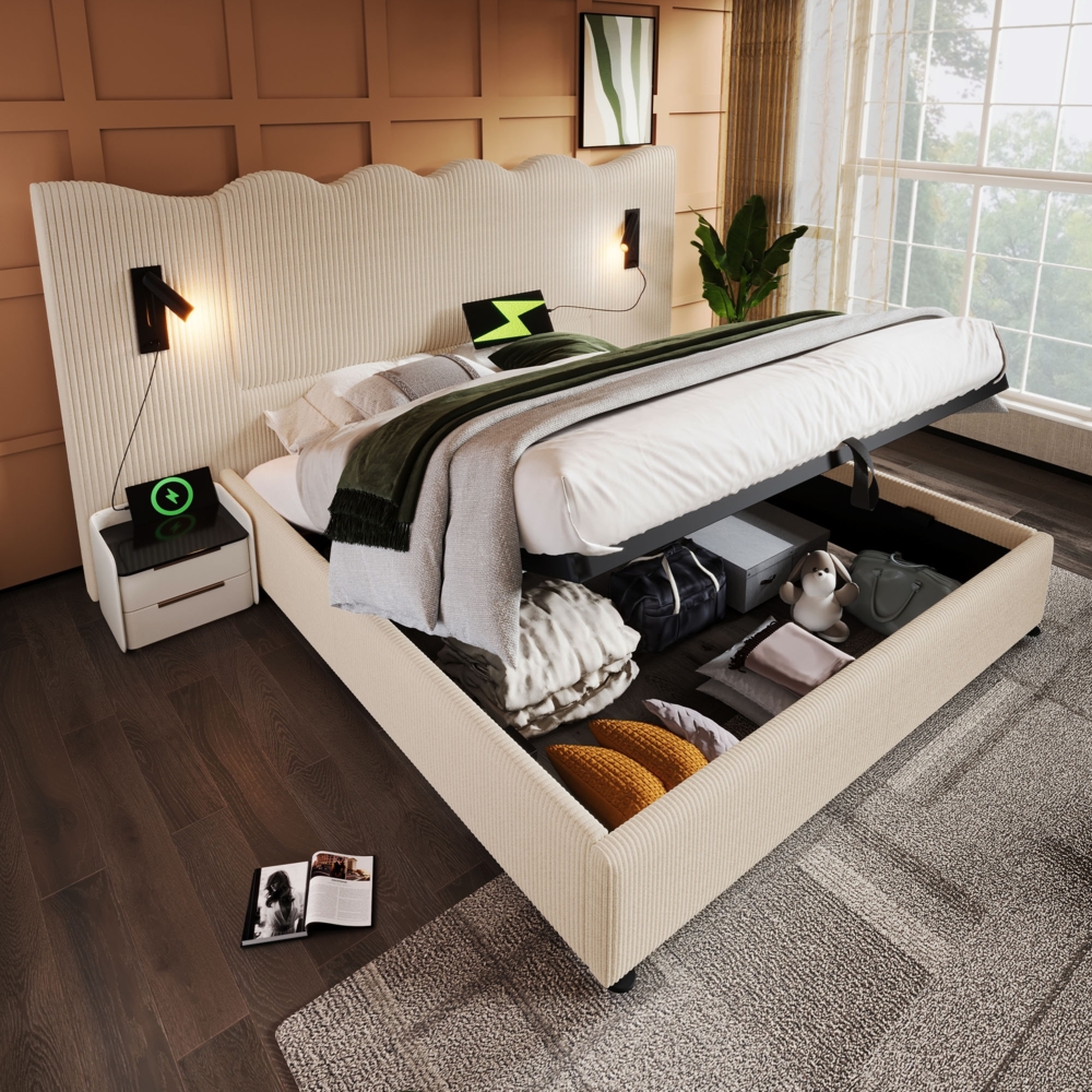 Merax Polsterbett Doppelbett 180×200 mit Leselampe und USB Type-C Ladefunktion, Stauraumbett Bettgestell mit Lattenrost aus Massivholz und Metall, Beige-Weiß, Cordstoff (Ohne Matratze) Bild 1