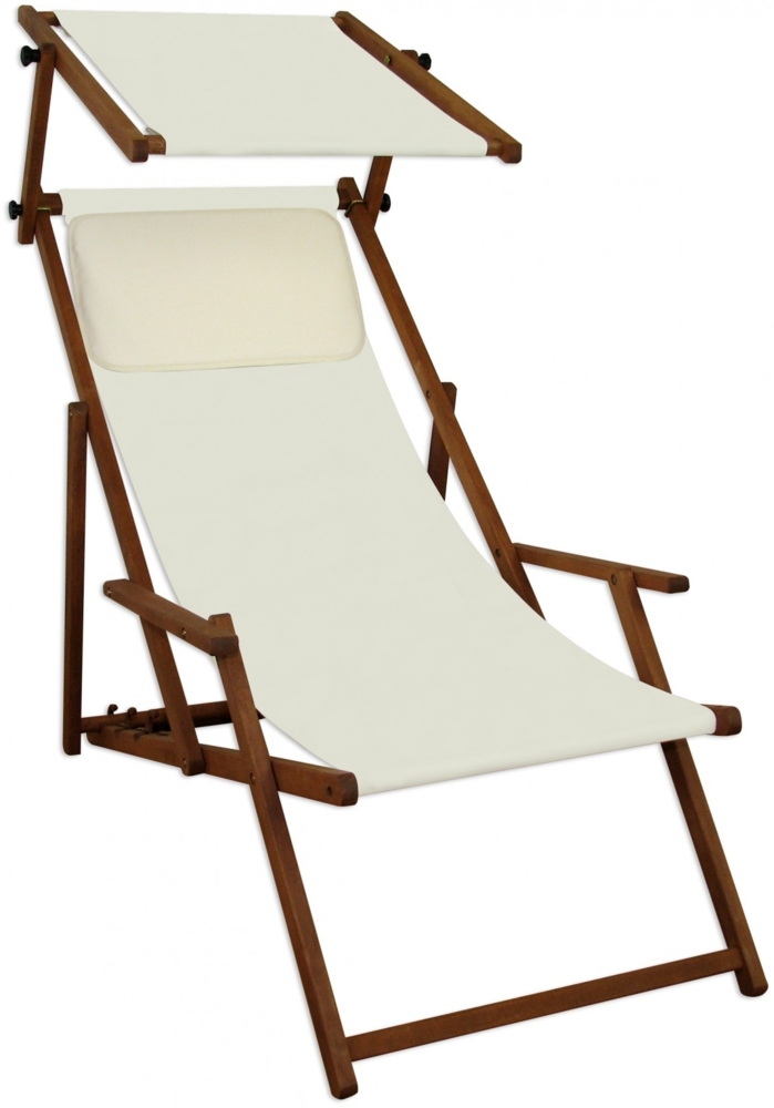 Sonnenliege weiß Liegestuhl Sonnendach Kissen Gartenliege Deckchair Holz Gartenmöbel 10-303SKH Bild 1