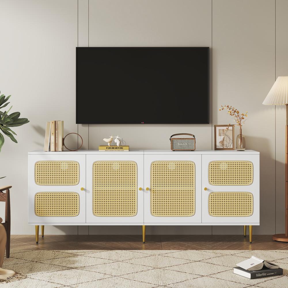 Merax Eleganter Weißer Rattan-TV-Schrank 180x40x72 cm - Mit 4 Rattantüren, Höhenverstellbaren Regalen und Kabelmanagement, Für bis zu 80 Zoll Fernseher, TV-Schränke, Lowboards Bild 1