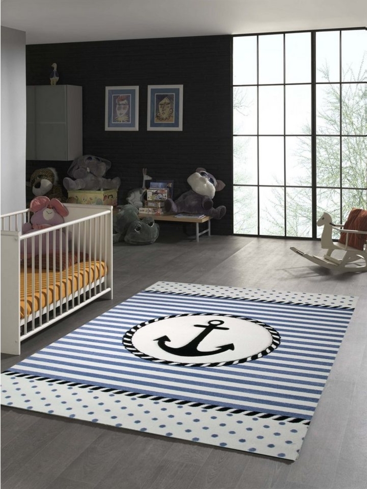 TeppichHome24 Kinderteppich Kinderteppich Maritim mit Anker in Blau Creme, rechteckig, Höhe: 1.3 mm Bild 1