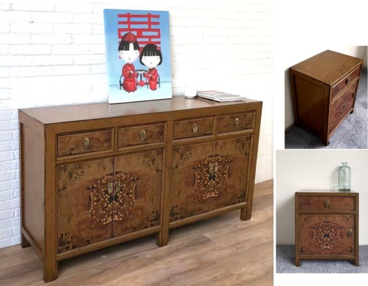 Vintage Asia Asiatische Möbelkombination Kommode Sideboard Nachttisch Nachtkästchen3-Teilig Braun Bild 1