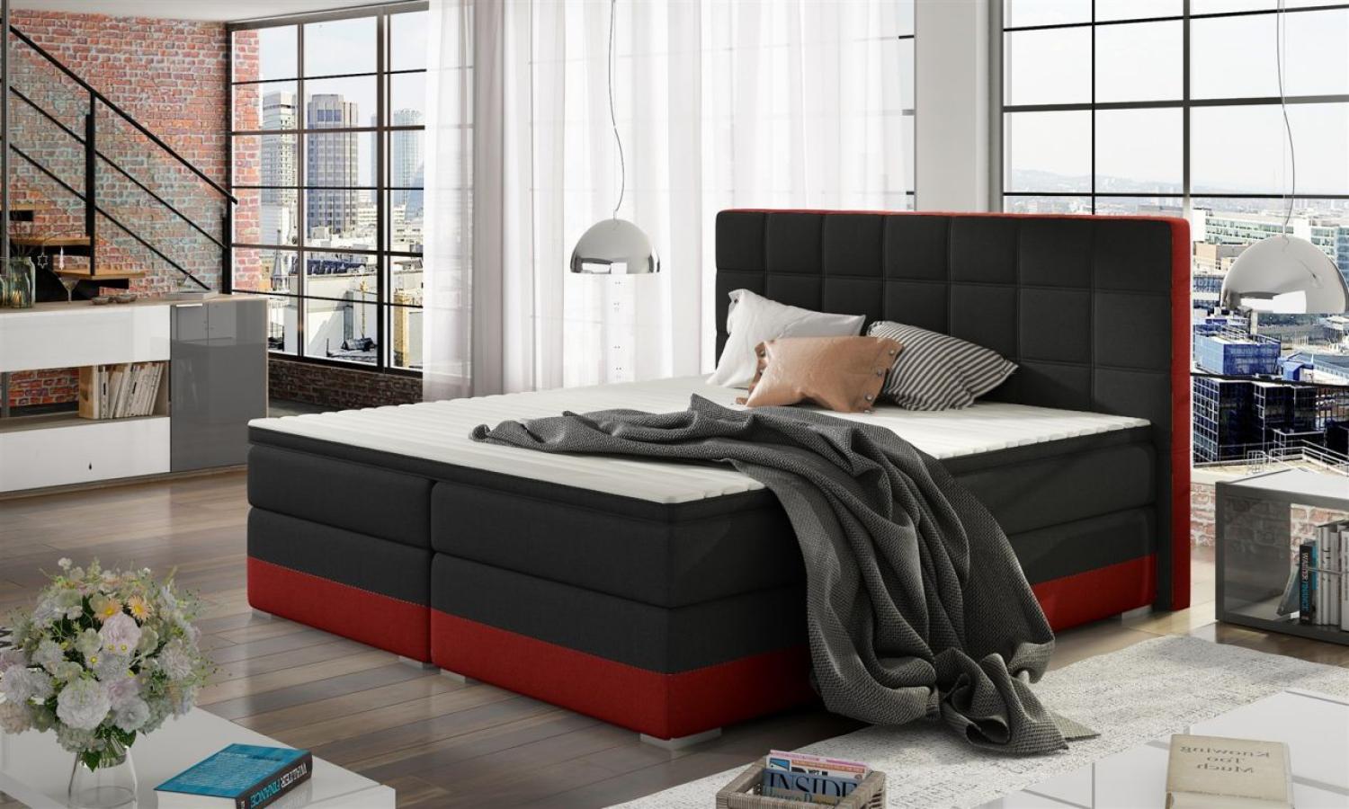 Boxspringbett PRATO Webstoff Schwarz/ Rot 160x200cm Bild 1