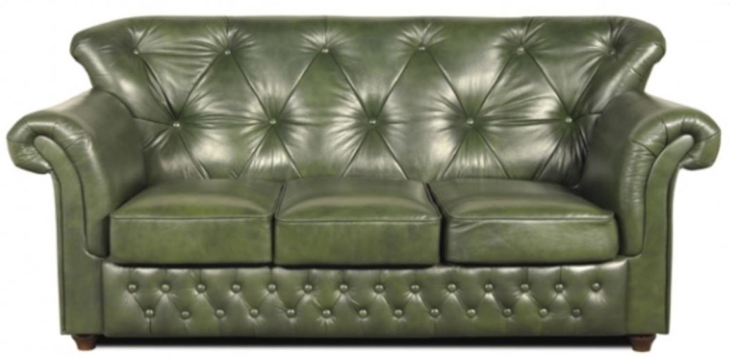 Casa Padrino Chesterfield Echtleder 3er Sofa in grün mit dunkelbraunen Füßen 200x80 x H. 85 cm Bild 1