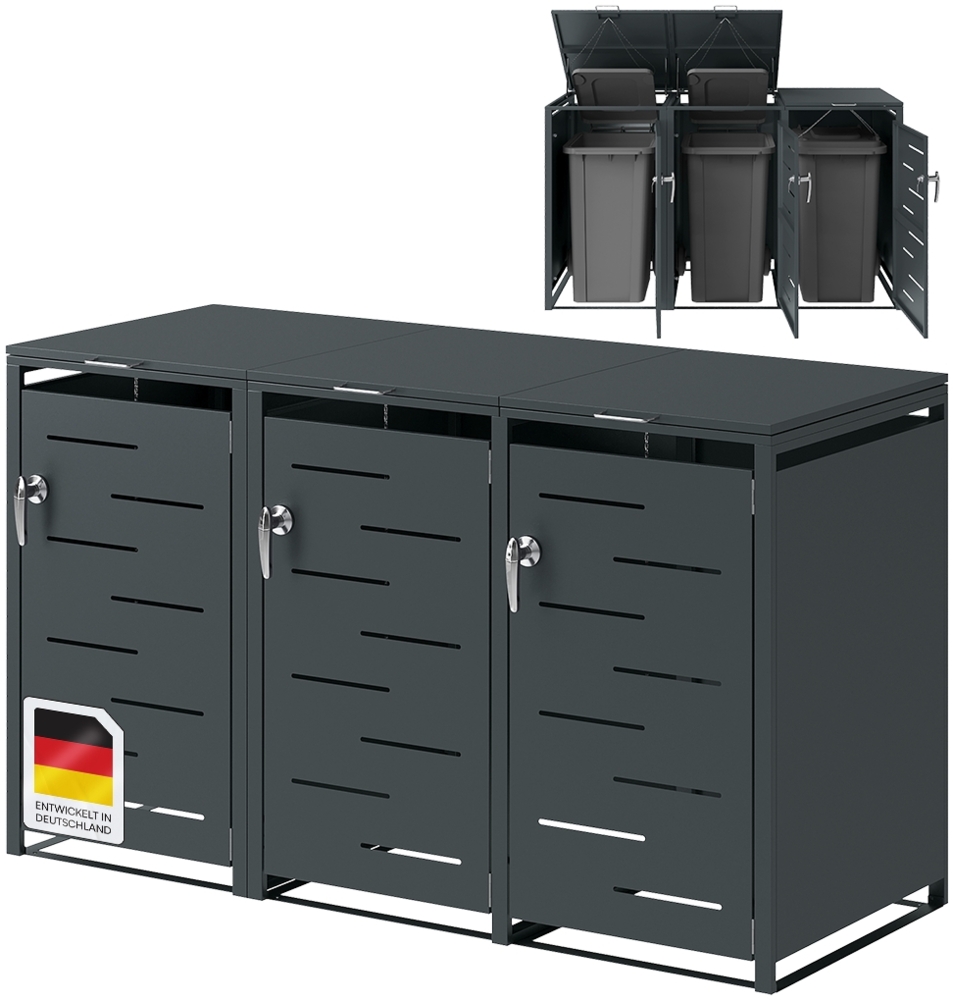 STEELSØN 'Diorus' Mülltonnenbox für 3 Tonnen je 240 Liter, anthrazit, Mülltonnenverkleidung aus Stahl mit Sichtstreifen, wetterfest, 116x80x203 cm, abschließbare Müllbox Bild 1