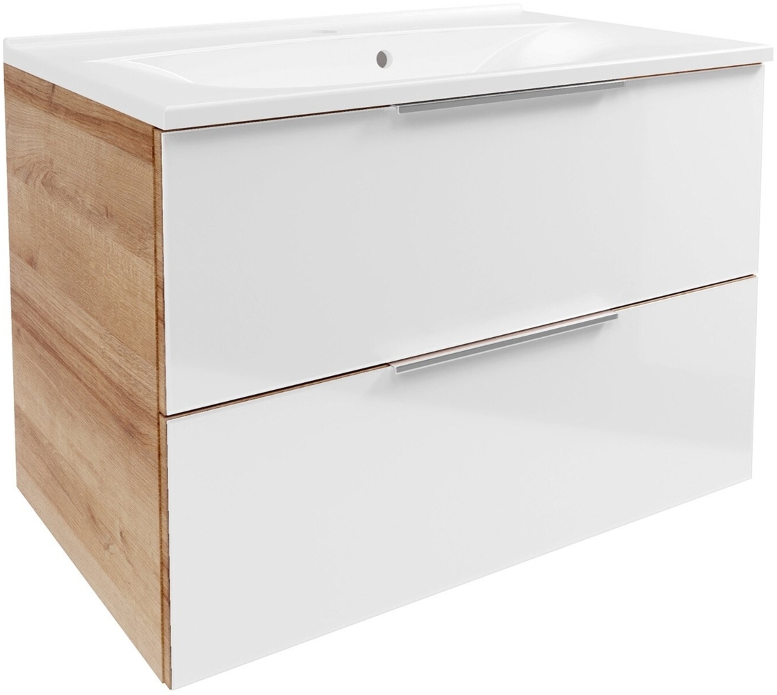 Fackelmann B.BRILLANT Badmöbel Set 2-teilig, 80 cm breit, Weiß Glas/Braun hell, Gussmarmor Bild 1