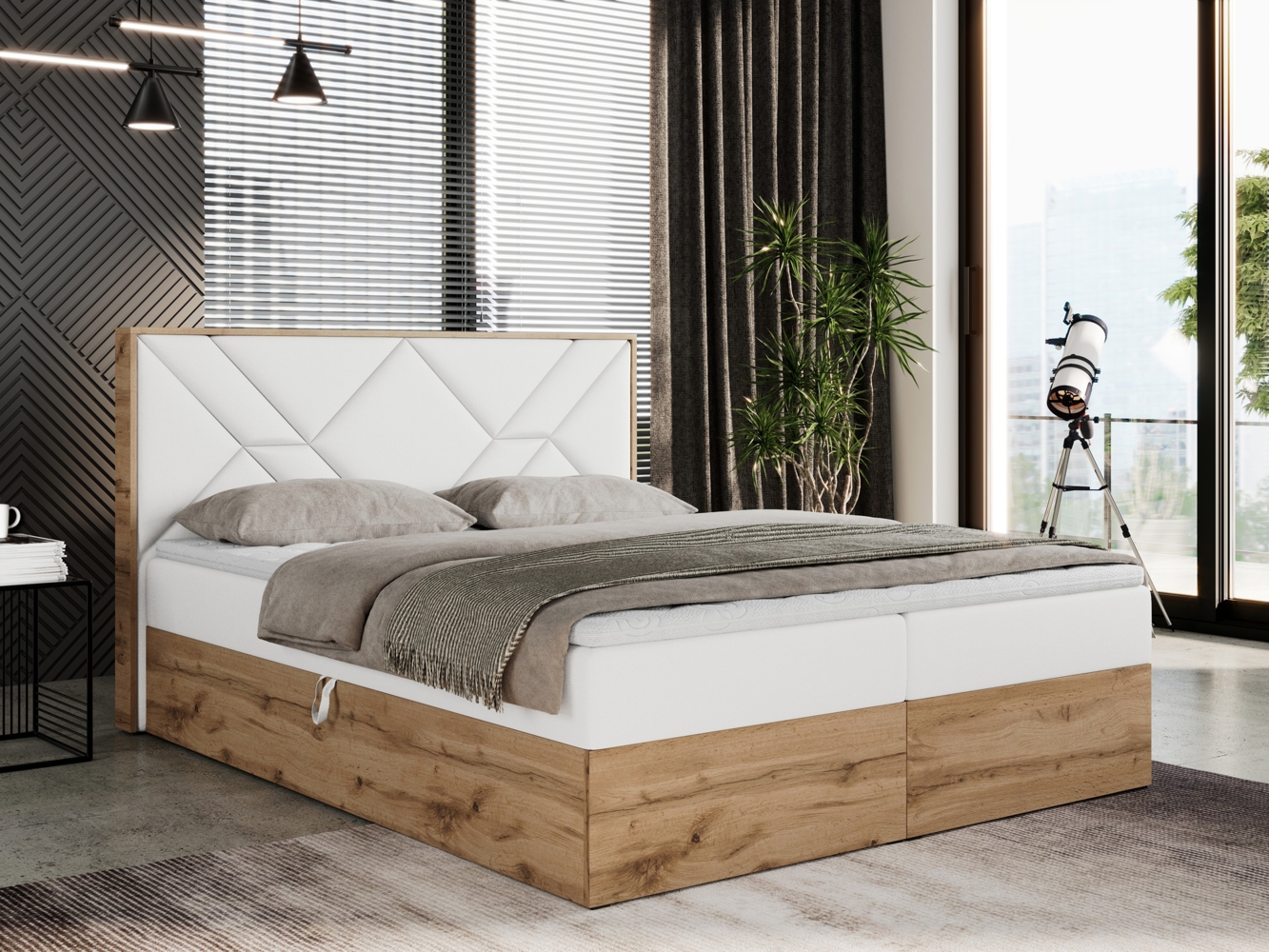 Boxspringbett mit Kopfteil und Topper, Polsterbett - GUNAR - 180 x 200 cm - Weiß Kunstleder - H3 - Topper T25 Bild 1