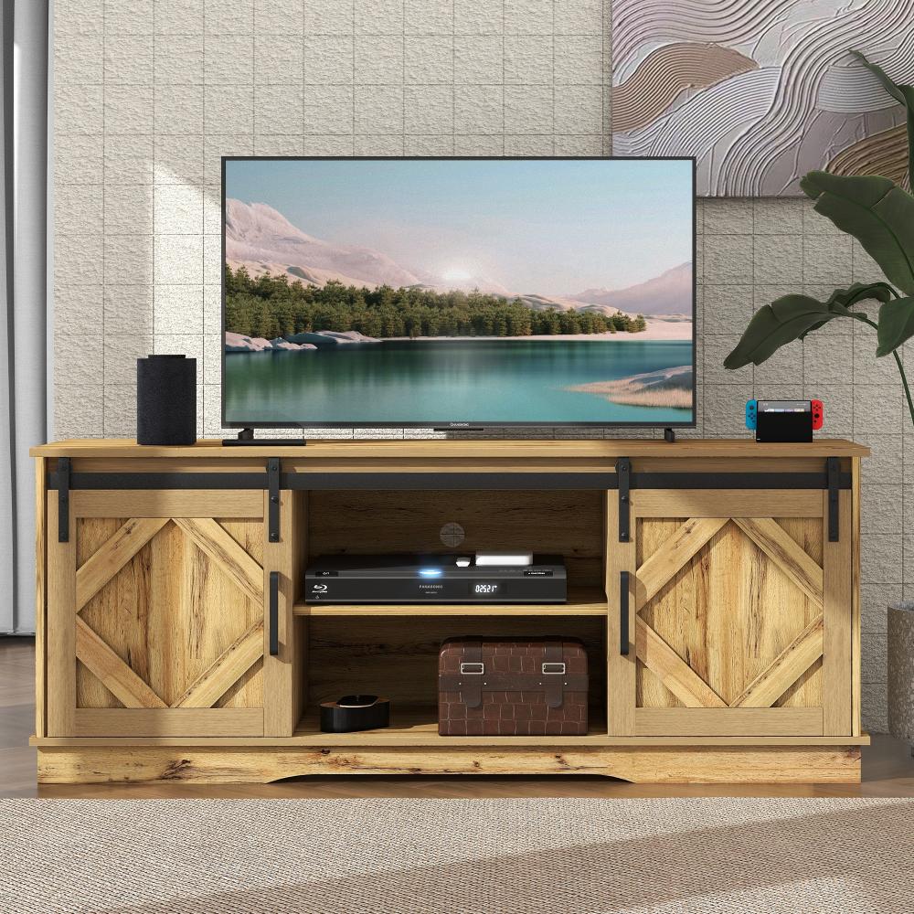 Merax Großer TV-Schrank TV Stand Sideboard Entertainment Center mit 2 klassischen Schiebetüren Einstellbare Regale Braun Bild 1