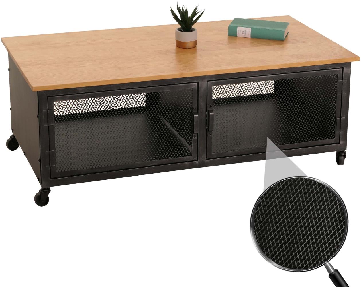 Couchtisch HWC-N28, Sofatisch, Rollen 2 Fächer, 3D-Struktur Industrial Retro Metall Holz 45x120x60cm ~ schwarz, natur Bild 1