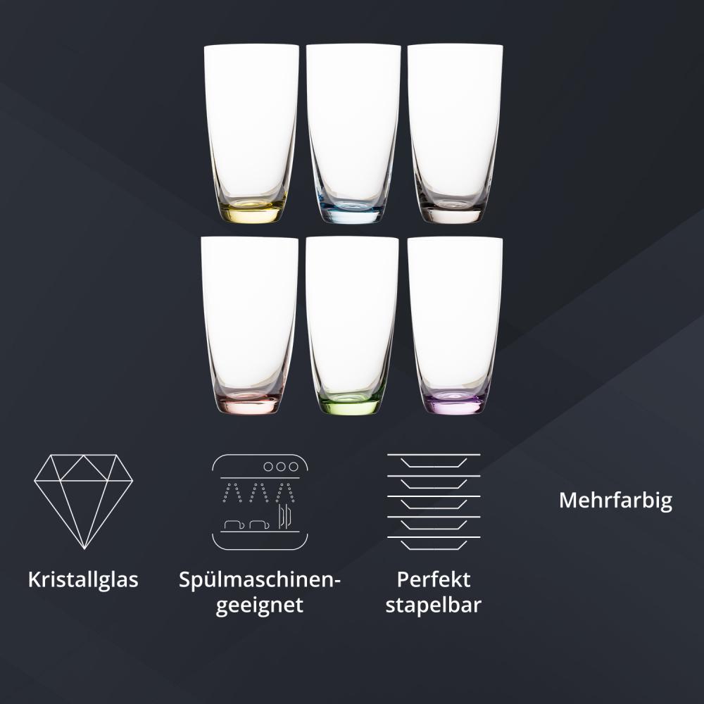 Peill+Putzler Germany 6er Set Longdrinkgläser mit buntem Boden, 350 ml Volumen, mehrfarbige Trinkgläser, Wassergläser in 6 Farben, Coctailgläser, spühlmaschinengeeignet & pflegeleicht Bild 1