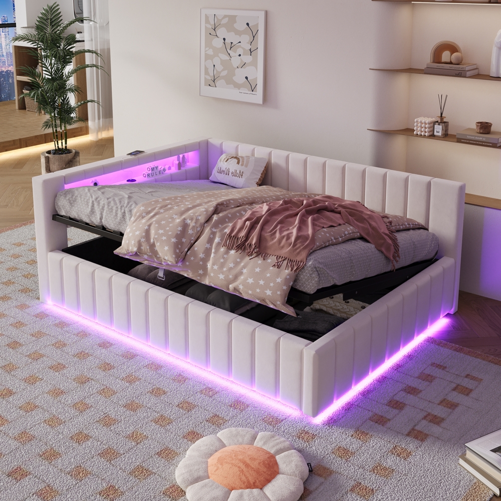 Merax Daybett Polsterbett Schlafsofa 140x200, Mit hydraulischem Stauraum, Mit LED-Licht und USB-Ladeanschluss, Samt, Beige Bild 1