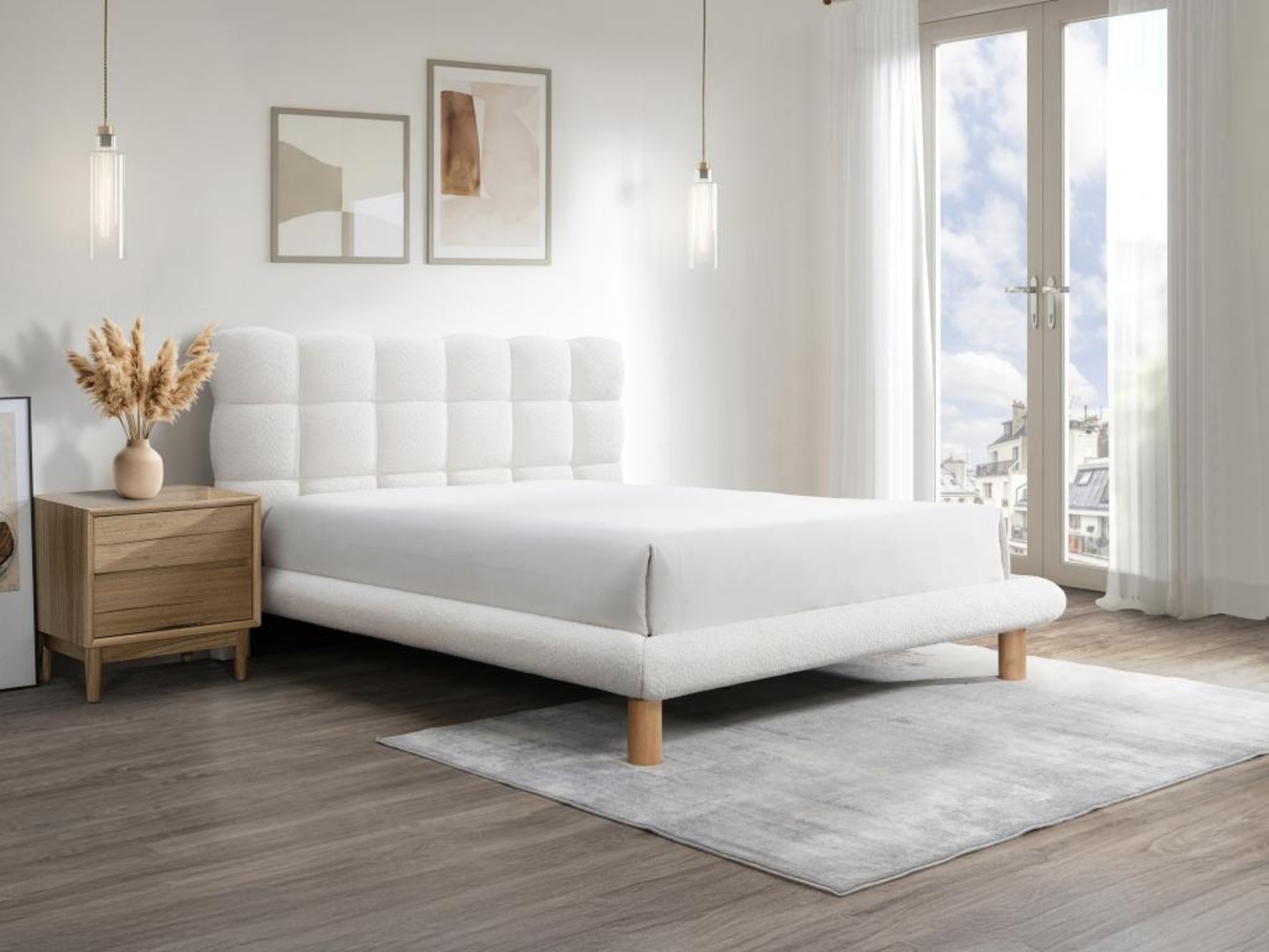Vente-unique - Bett mit gestepptem Kopfteil + Matratze - 140 x 190 cm - Bouclé-Stoff - Weiß - FUDALI Bild 1